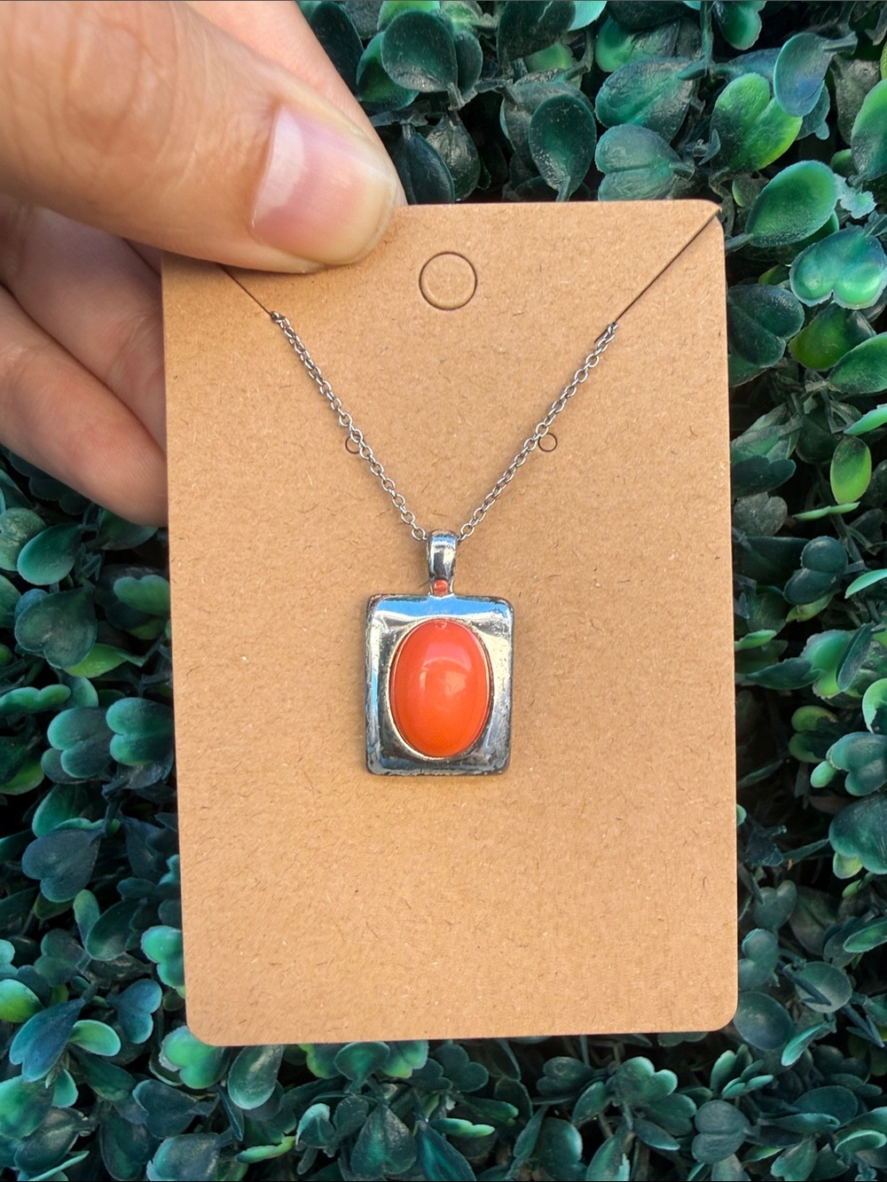Silver Pendant Necklace with Orange Cabochon Stone